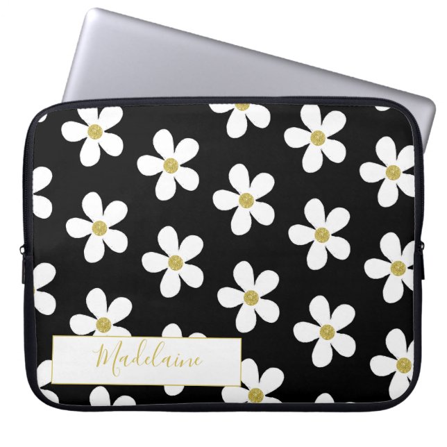 Housse Pour Ordinateur Portable Simple noir blanc marguerite Motif or personnel (Devant)