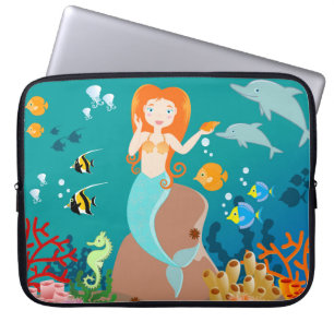 Housse Pour Ordinateur Portable Sirène et dauphins sous la mer fête d'anniversaire