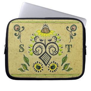 Housse Pour Ordinateur Portable Sunflower Folk Motif et vos initiales