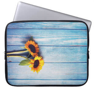 Housse Pour Ordinateur Portable Sunflower on Blue Wood Wall