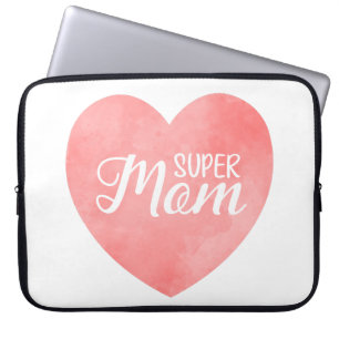 Housse Pour Ordinateur Portable Super maman dans l'aquarelle rose coeur, jour de l