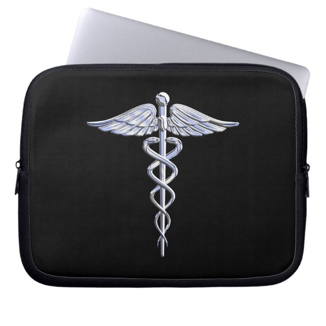 Housse Pour Ordinateur Portable Symbole Médicale Silver Caduceus en noir (Devant)