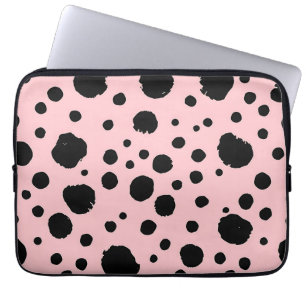 Housse Pour Ordinateur Portable Taches d'encre noire sur fond rose à pois