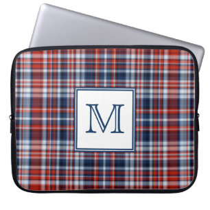 Housse Pour Ordinateur Portable Tartan blanc et bleu rouge décoré d'un monogramm