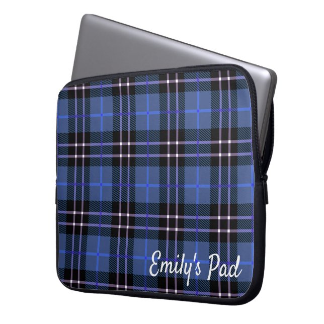 Housse Pour Ordinateur Portable Tartan bleu avec nom  (devant gauche)