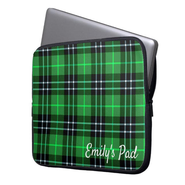 Housse Pour Ordinateur Portable Tartan Vert Plaid Avec Nom (devant gauche)