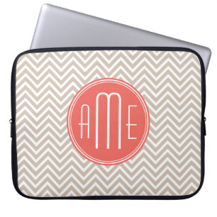 Housse Pour Ordinateur Portable Taupe élégant et monogramme personnalisé corail