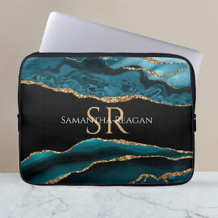 Housse Pour Ordinateur Portable Teal Black and Gold Agate, DIY Name & Monogram Vs2