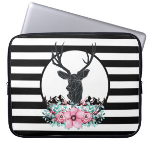 Housse Pour Ordinateur Portable Tête de cerf noir avec Fleurs et Montagnes roses