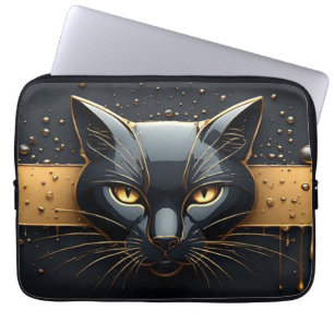 Housse Pour Ordinateur Portable Tête de chat noir avec design à gouttes d'or 🐈