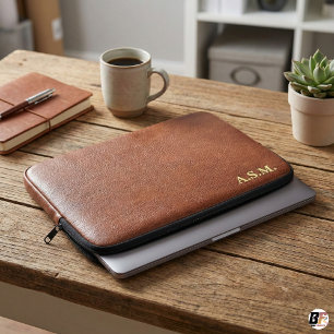 Housse Pour Ordinateur Portable Texture de cuir marron Monogramme Personnalisé