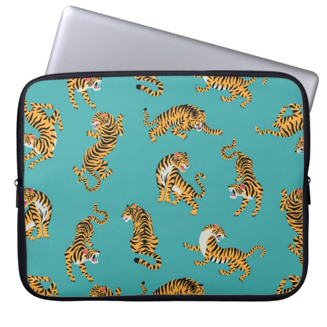 Housse Pour Ordinateur Portable Tiger sur Motif Turquoise (Devant)