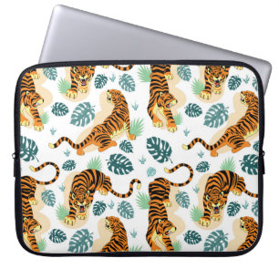 Housse Pour Ordinateur Portable Tigres Feuilles tropicaux : Illustration Vintage.
