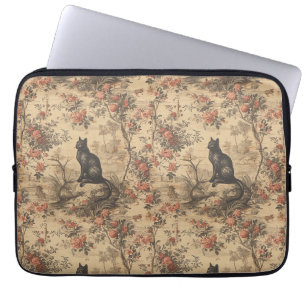 Housse Pour Ordinateur Portable Toile de Jouy chinoise rouge damas chat