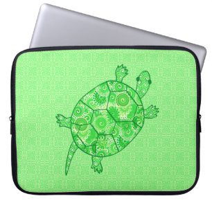 Housse Pour Ordinateur Portable Tortue tourbée fractale - chaux et vert émeraude