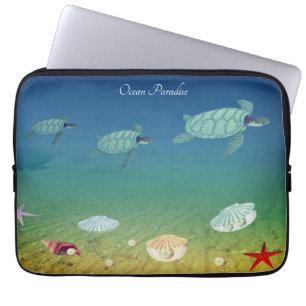 Housse Pour Ordinateur Portable Tortues de mer nageant, coquilles et perles