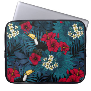 Housse Pour Ordinateur Portable Toucans et flore tropicale, verte et rouge