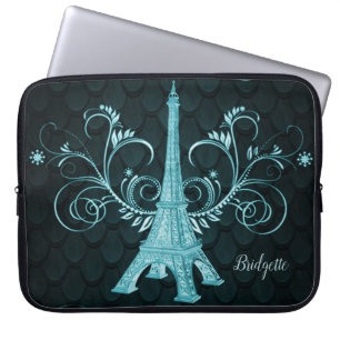 Housse Pour Ordinateur Portable Tour Eiffel Turquoise Floral