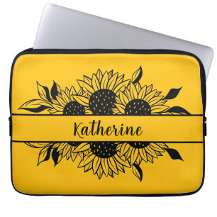 Housse Pour Ordinateur Portable Tournesols dessinés à la ligne personnalisés jaune