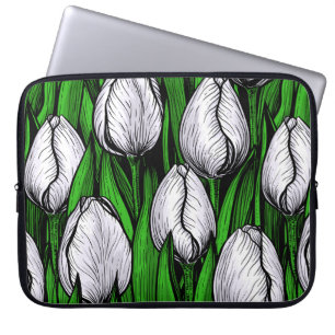 Housse Pour Ordinateur Portable Tulières blanches avec feuilles verts