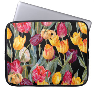 Housse Pour Ordinateur Portable Tulipes colorées, arrière - plan noir isolé.