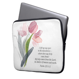 Housse Pour Ordinateur Portable Tulipes Rose Pâle Verset Biblique Chrétien Blanc