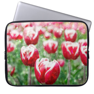 Housse Pour Ordinateur Portable Tulipes rouges et blanches avec Raindrops