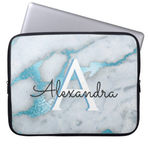 Housse Pour Ordinateur Portable Turquoise bleu et Marbre blanc Monogramme