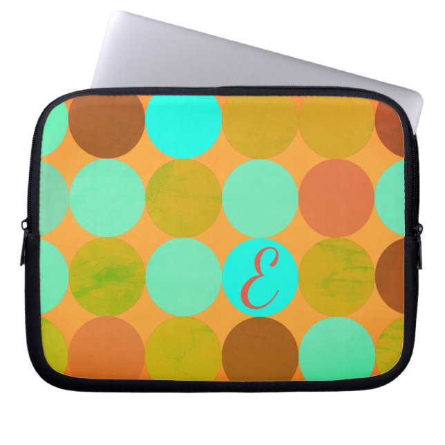 Housse Pour Ordinateur Portable Turquoise Bleu Vert & Cercles Orange Monogramme (Devant)