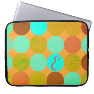 Housse Pour Ordinateur Portable Turquoise Bleu Vert & Cercles Orange Monogramme