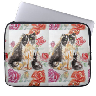 Housse Pour Ordinateur Portable Tuxedo Chat Cute Rose Fleurs Chats Aquarelle Rose