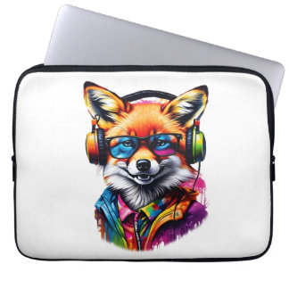 Housse Pour Ordinateur Portable Un renard dans les écouteurs et les lunettes