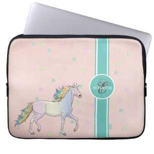 Housse Pour Ordinateur Portable Unicorne arc-en-ciel, Stars colorés Monogramme