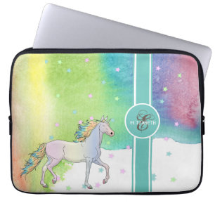 Housse Pour Ordinateur Portable Unicorne, Étoiles colorées Monogramme, Aquarelle