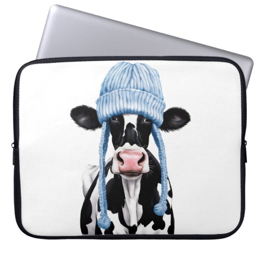 Housse Pour Ordinateur Portable Vache dans un casquette. (Devant)