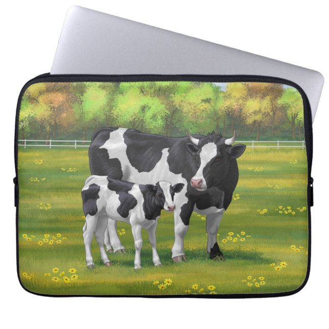 Housse Pour Ordinateur Portable Vache Holstein et veau mignon en pâturage d'été (Devant)
