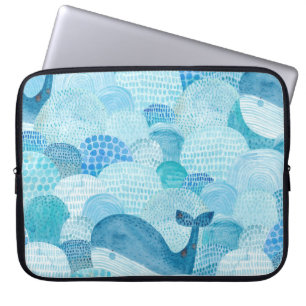 Housse Pour Ordinateur Portable Vagues, baleine, texture bleu enfantine