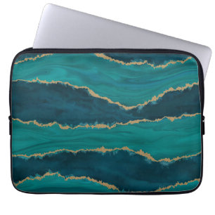 Housse Pour Ordinateur Portable Vagues d'agate sarcelle – Marbre abstrait avec or
