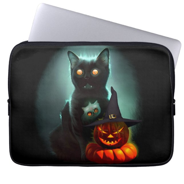 Housse Pour Ordinateur Portable Vampire Chat et Assistant Citrouille Halloween Sur (Devant)