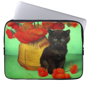 Housse Pour Ordinateur Portable Van Gogh Black Kitten Fleurs rouges