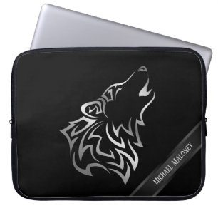 Housse Pour Ordinateur Portable Vecteur Monogramme Loup Noir Argent