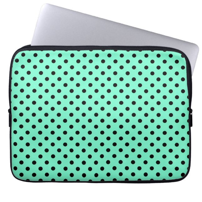 Housse Pour Ordinateur Portable Vert de mer noir à pois (Devant)
