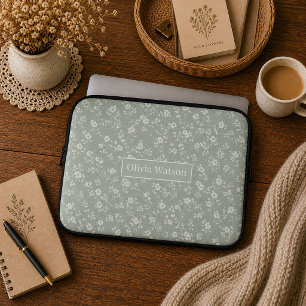 Housse Pour Ordinateur Portable Vert sauge floral, Maison de campagne, Cottage cor