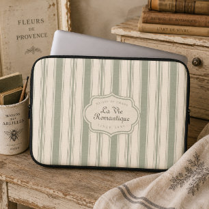 Housse Pour Ordinateur Portable Vert sauge rayures French Country   Rustique vinta