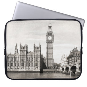 Housse Pour Ordinateur Portable Vieux Londres, noir et blanc.