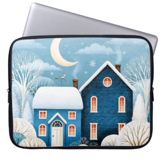 Housse Pour Ordinateur Portable Village d'hiver de la Lune Cosy Cottage enneigé