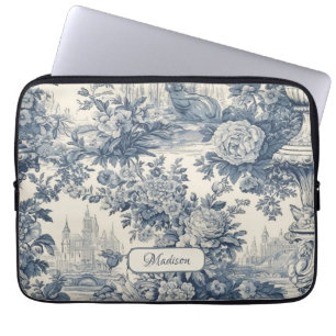 Housse Pour Ordinateur Portable Vintage chic floral Bleu toile de jouy monogramme
