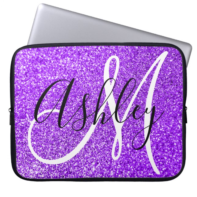 Housse Pour Ordinateur Portable Violet Girly Faux Parties scintillant Monogramme p (Devant)