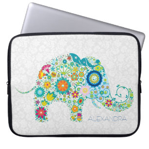 Housse Pour Ordinateur Portable White Floral Damasks Colorful Floral Elephant