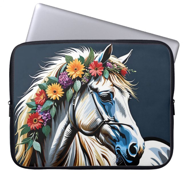 Housse Pour Ordinateur Portable White Horse Floral With Dark Background (Devant)
